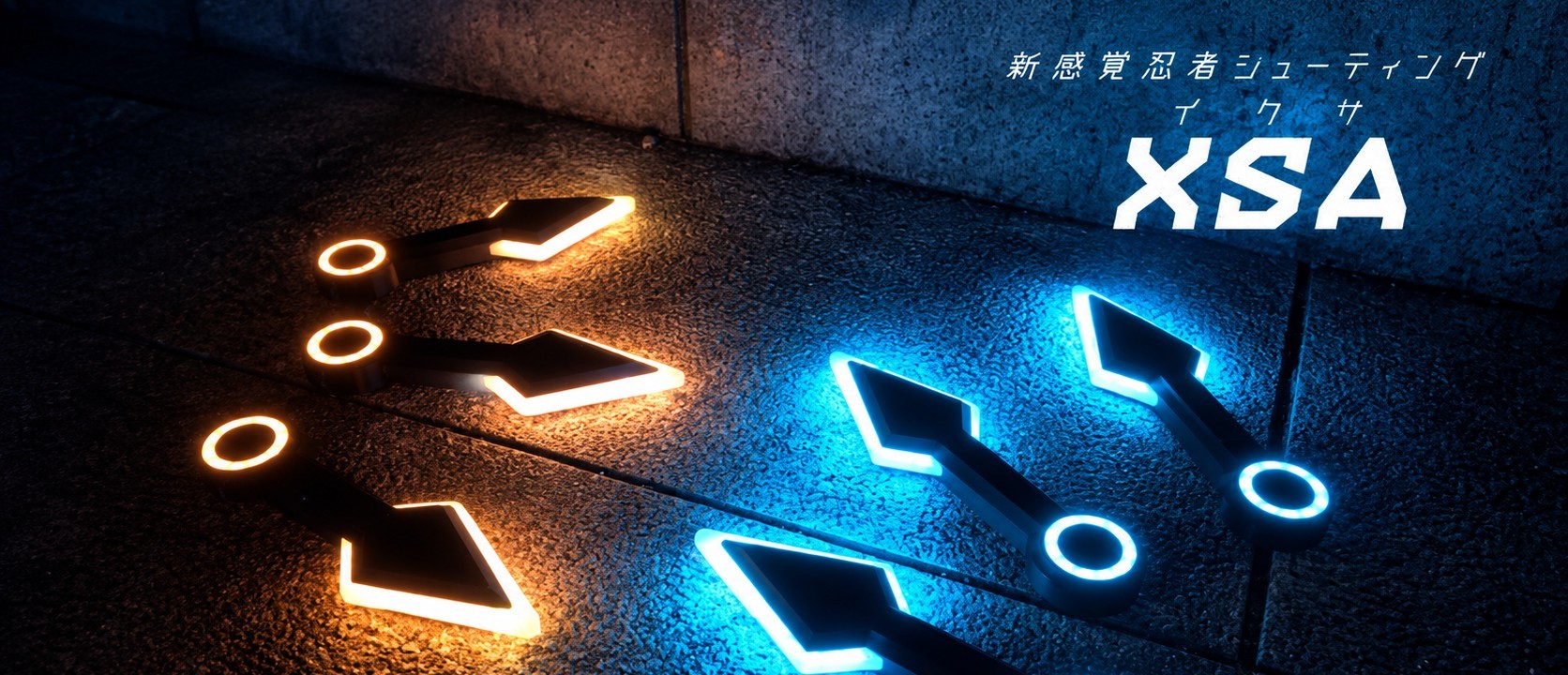 XSA — glowing kunai devices on a night pavement