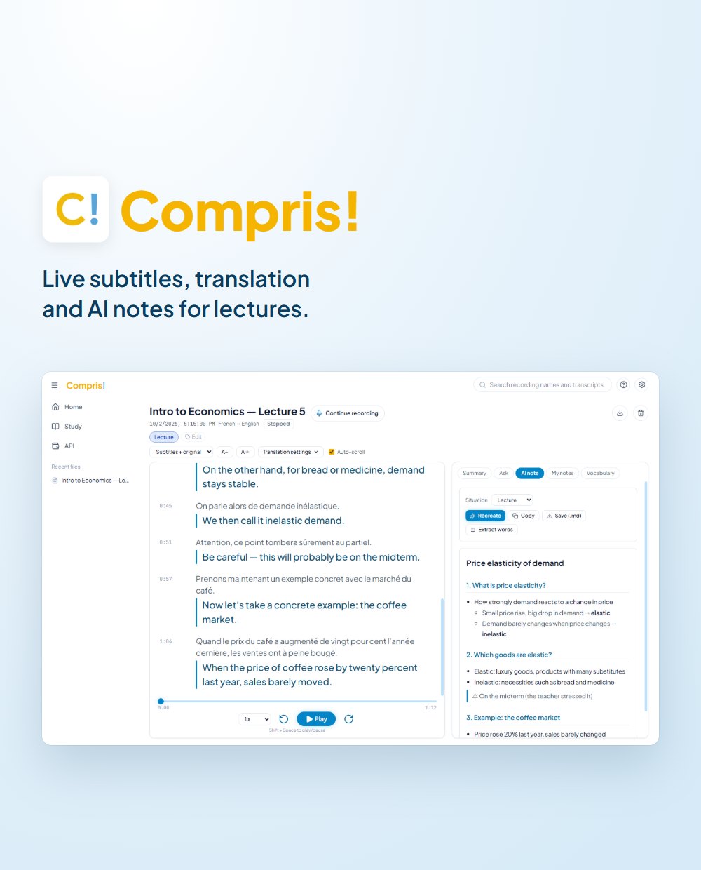 Compris!: the recording screen with live translation, and the vocabulary list