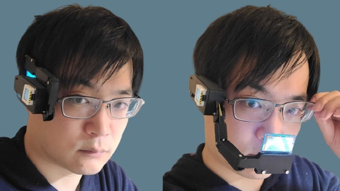 Wearing the M5 Scouter: display folded up beside the eye, and flipped down in front of it