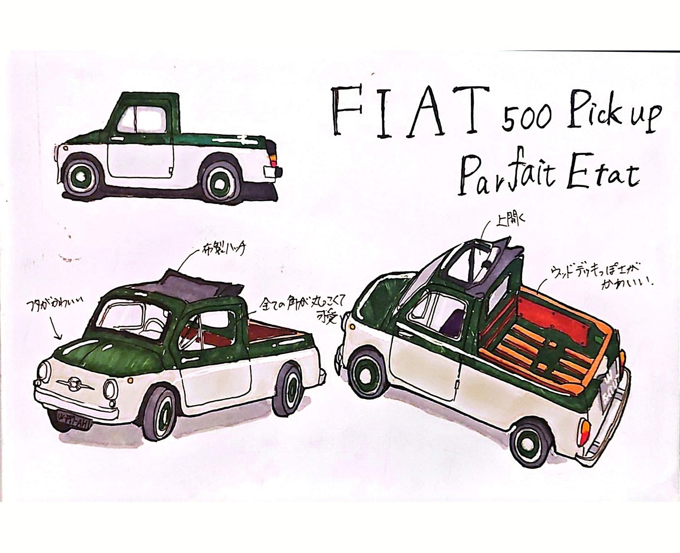 Marker sketch of a Fiat 500 pickup